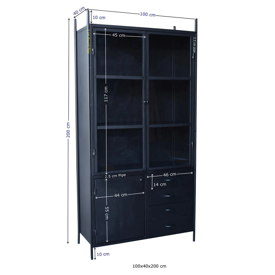 Giga Meubel Metalen Vitrinekast Zwart - 100x40x200cm - Kast Fik Small - Afbeelding 3