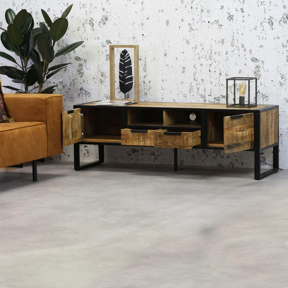 Industrieel TV-meubel Xavi 45x150x50 Cm - 45x150x51 Cm - Mangohout - Bruin - Afbeelding 2