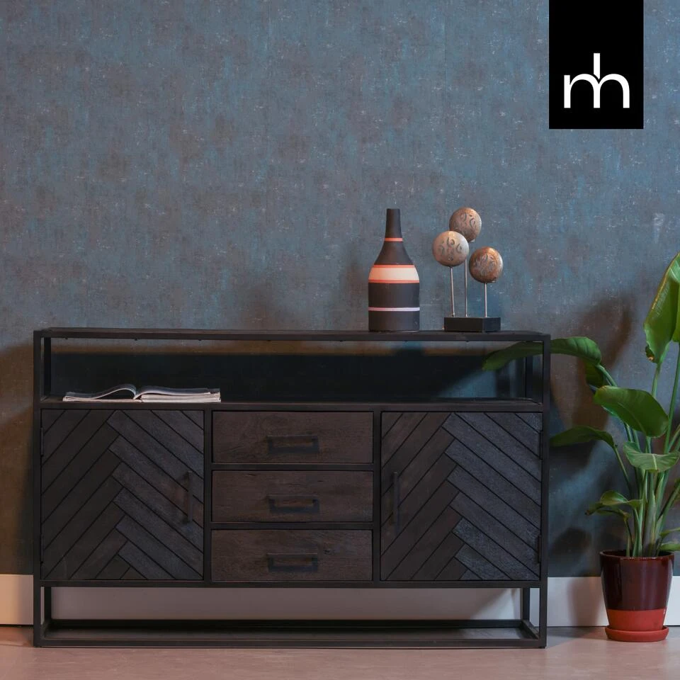 Dressoir Toronto Black 145x90cm - Mangohout - Zwart - Rechthoekig - Afbeelding 2