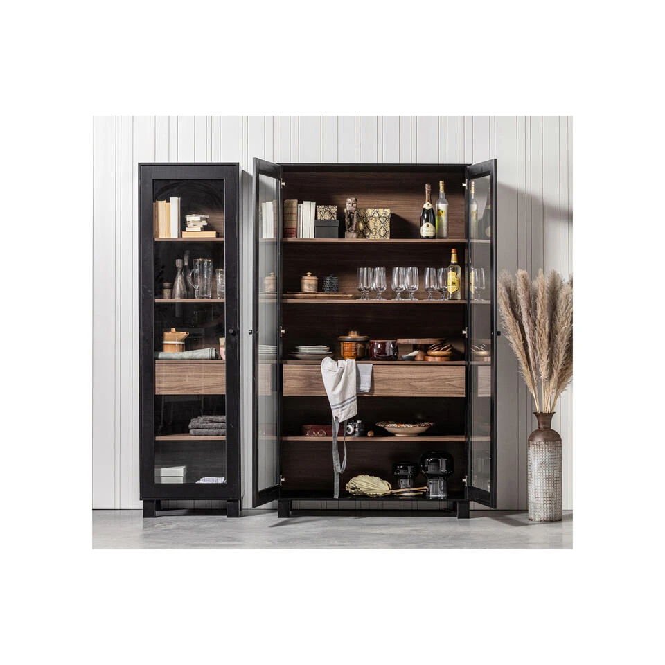 WOOOD Goos 2-deurs Vitrinekast - Grenen - Zwart/Walnoot - 200x110x44 - Afbeelding 3