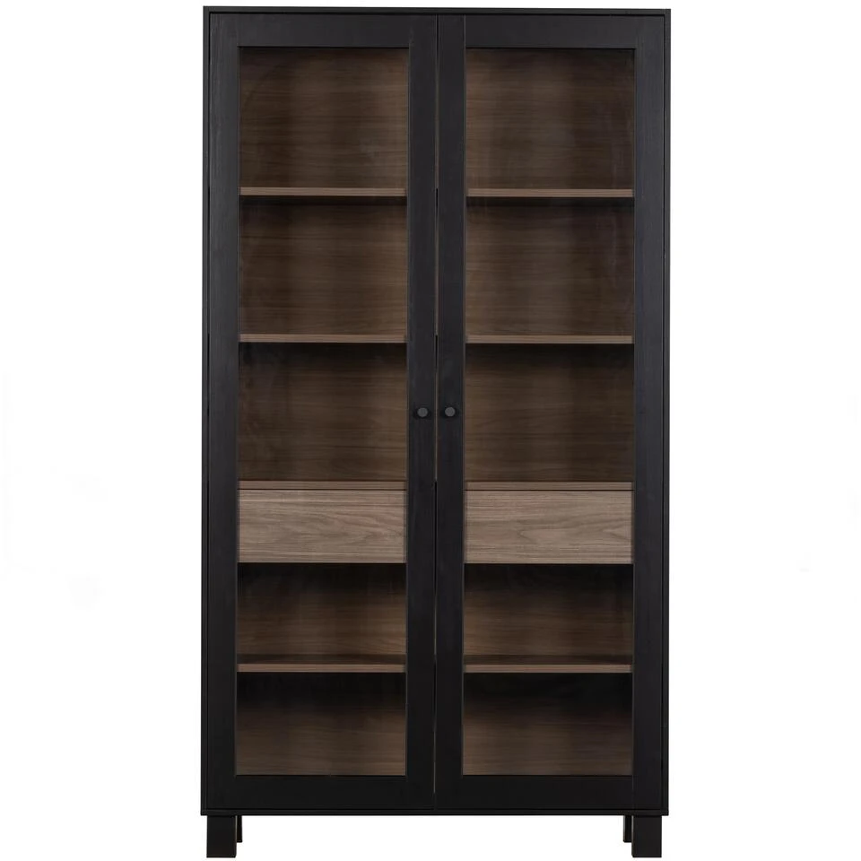 WOOOD Goos 2-deurs Vitrinekast - Grenen - Zwart/Walnoot - 200x110x44