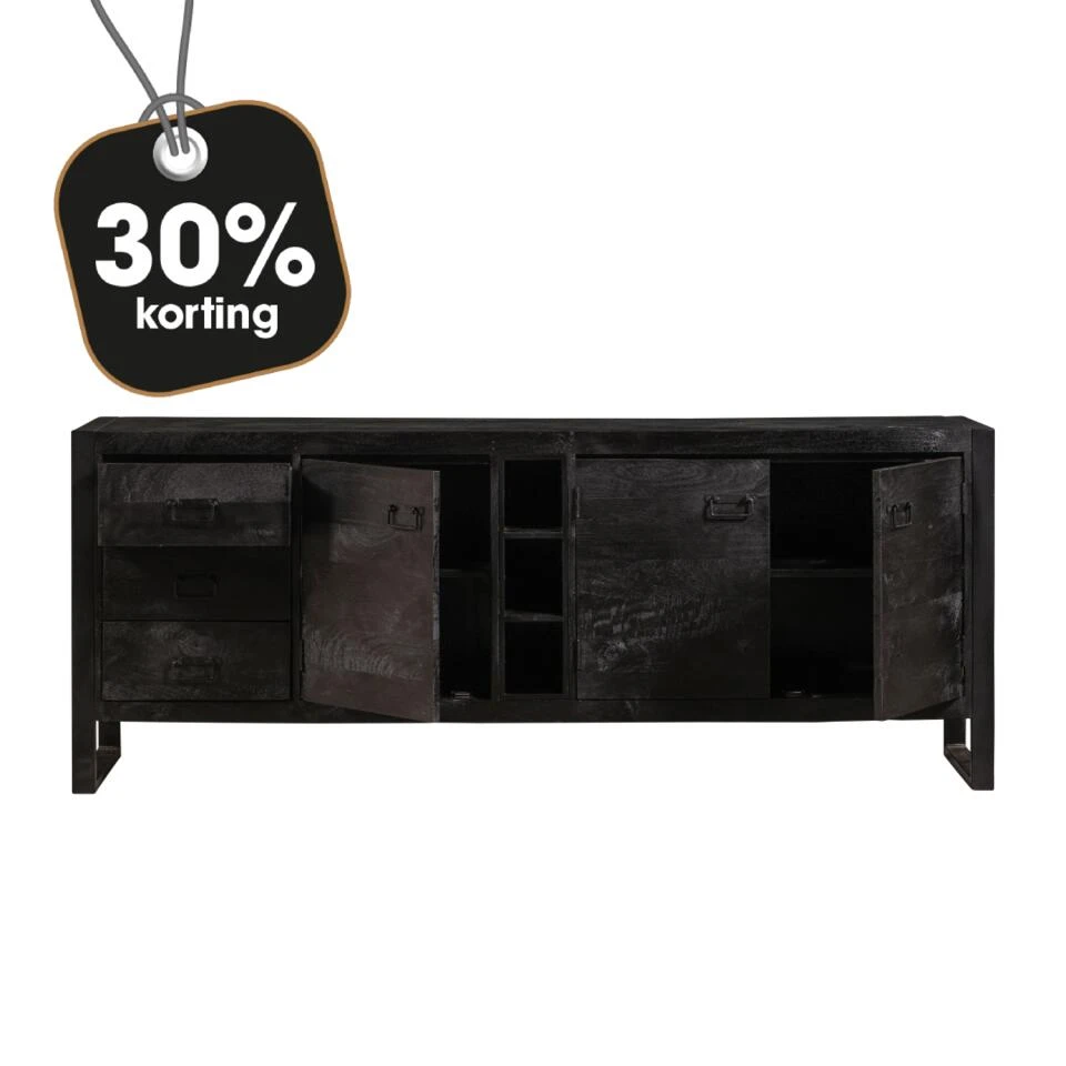 Dressoir Stockton Black 200cm - Mangohout - Zwart - Rechthoekig - Afbeelding 2