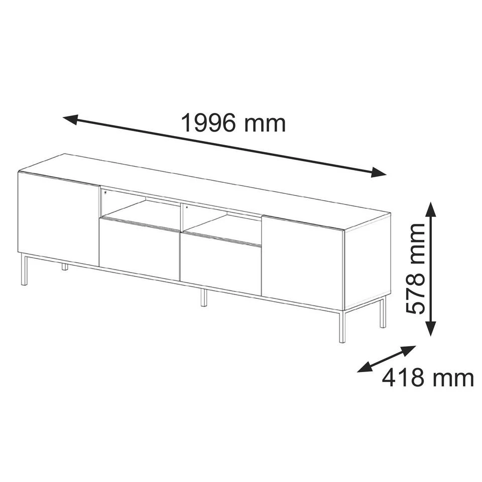TV Meubel Ravenna F Painted MDF 58x200x42 2D2S Zwart - Afbeelding 4