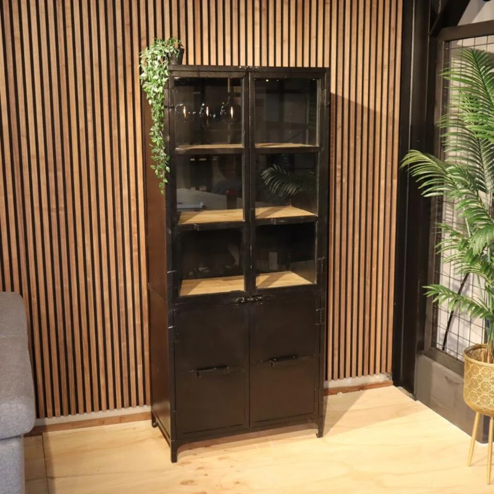 Cavetown Smalle Vitrinekast Garcia Industrieel Zwart Hout - 44x80x185 Cm - Afbeelding 2