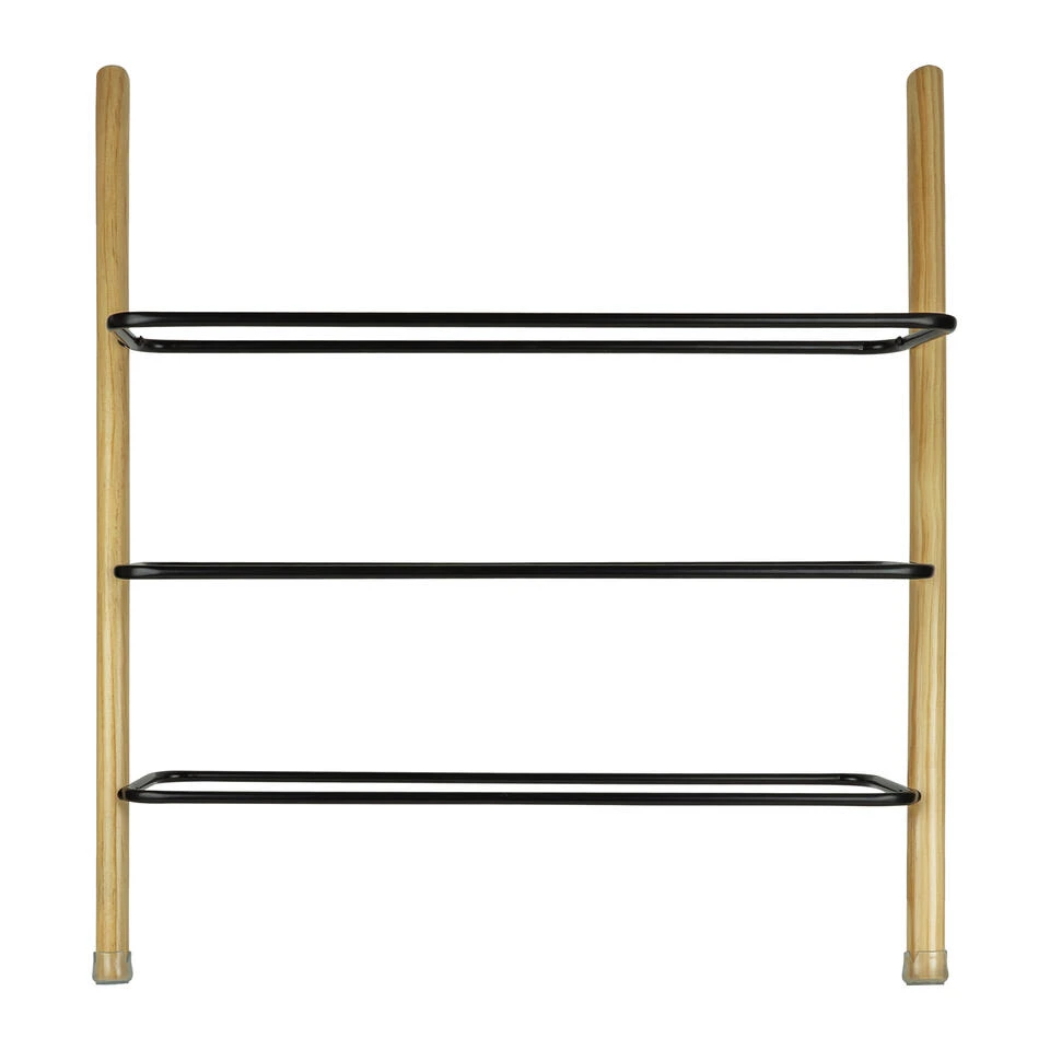 QUVIO Schoenenrek - 3 Laags - Metaal - Hout - Zwart - Afbeelding 3