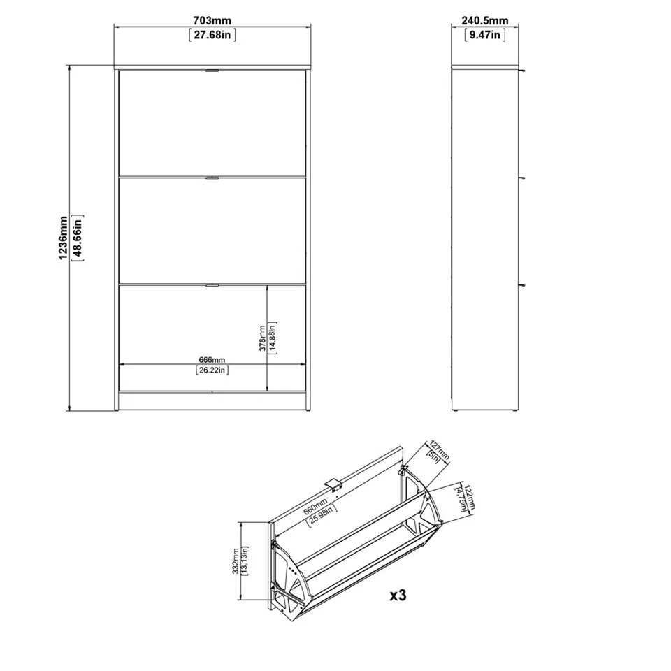 Schoenenkast Hamburg 3 Kleppen - Zwart - 123,6x70,3x24 Cm - Afbeelding 4